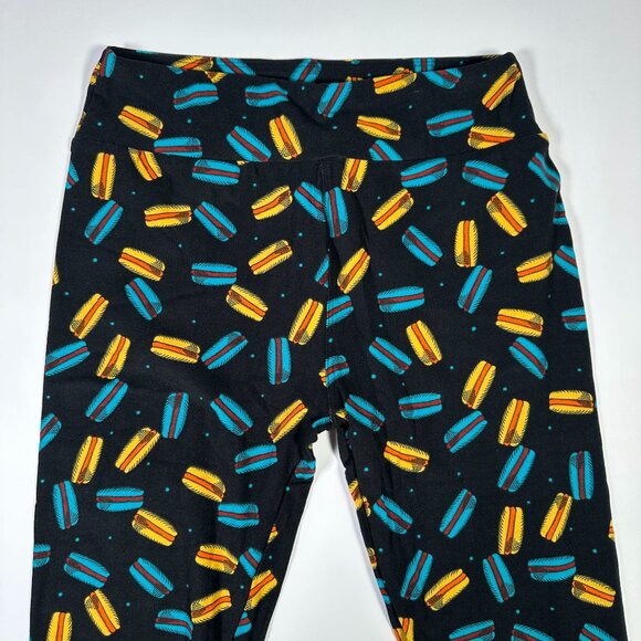 LuLaRoe Macaroon Black Blue Hot Dogs Sandwich Cookies Yellow Leggings One Size - Picture 2 of 6